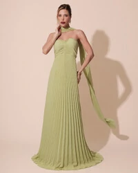 Vestido de Festa Longo Tomara que Caia Plissado com Lenço Verde Garden