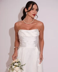 Vestido de Festa Longo Tomara que Caia Trançado Costa em Zibeline Branco