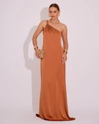 Vestido de Festa Longo em Cetim Fluido um Ombro Só Mocha Mousse