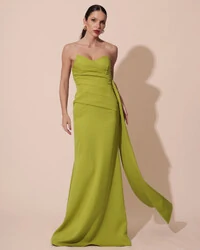 Vestido de Festa Longo Alfaiataria Tomara que Caia Drapeado Faixa Verde Pistache