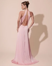 Vestido de Festa Longo Cetim Fluido com Argola Frente Única Rose Gold
