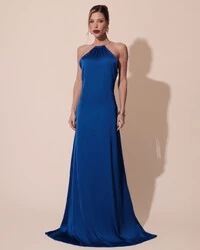 Vestido de Festa Longo Cetim Fluido com Argola Frente Única Azul Royal