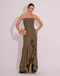 Vestido Longo com Fenda de Babados Alfaiataria Verde Oliva