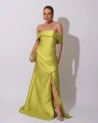 Vestido de Festa Longo Zibeline Ombro a Ombro Drapeado e Fenda Verde Lima