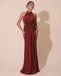 Vestido de Festa Longo Malha Jersey Gola Alta Saia Sereia Terracota