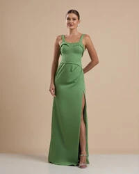 Vestido de Festa Longo Alfaiataria Decote Coração com Alças e Fenda Verde Matcha