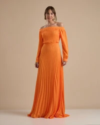 Vestido de Festa Longo Crepe Chiffon Plissado Ombro a Ombro Laranja