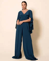 Macacão de Festa Longo Crepe Chiffon com Capa Verde Escuro