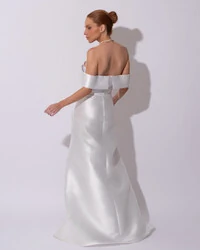 Vestido de Festa Longo Zibeline Ombro a Ombro Drapeado e Fenda Branco