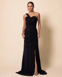 Vestido de Festa Longo Tule Tomara que Caia Faixa Detalhe Drapeado e Fenda Preto