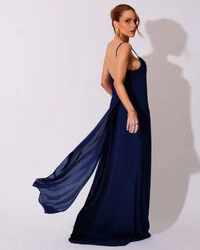 Vestido de Festa Longo Crepe Chiffon Costas Lenço Cauda Azul Marinho