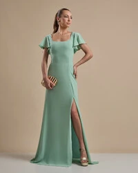 Vestido de Festa Longo Crepe Chiffon Manga Babado e Fenda Verde Menta