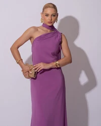 Vestido de Festa Longo Crepe Chiffon Um Ombro Só Drapeado Lenço Fixo Fúcsia