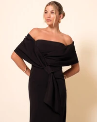 Vestido de Festa Longo Alfaiataria Ombro a Ombro Laço e Fenda Preto