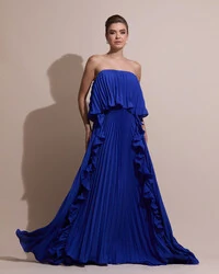 Vestido de Festa Longo Crepe Chiffon Tomara que Caia Plissado com Babado Cascata Azul Royal