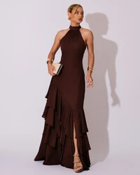 Vestido de Festa Longo Chiffon Crepe Gola Alta Babados Marrom