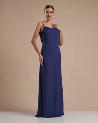 Vestido de Festa Longo Crepe Chiffon Costas Lenço Cauda Azul Marinho