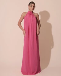 Vestido Longo Crepe Chiffon Frente Única Fluido Flor Removível Pink Claro