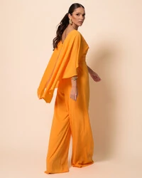 Macacão de Festa Longo Crepe Chiffon com Capa Laranja Manga