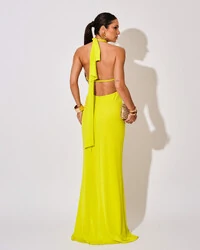 Vestido de Festa Longo Malha Jersey Gola Alta Saia Sereia Verde Lima