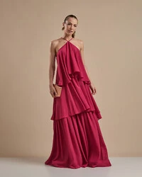Vestido Longo Babado em Camadas Cereja