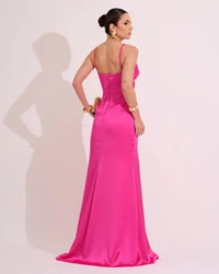 Vestido de Festa Longo Cetim Alfaiataria Fenda Drapeada Pink