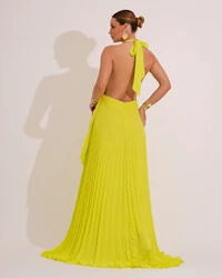 Vestidos de Festa Longo Chiffon Fluido Frente Única Plissado Duplo Verde Lima