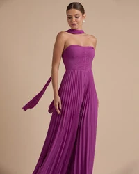 Macacão de Festa Longo Crepe Chiffon Tomara que Caia Plissado com Lenço Fúcsia