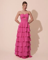 Vestido Longo Crepe Chiffon Tomara que Caia Plissado em Camadas Pink