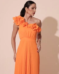 Vestido de Festa um Ombro Só Flor Saia Plissado Laranja