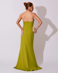 Vestido de Festa Longo Alfaiataria Tomara que Caia Drapeado Faixa Verde Pistache