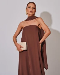 Vestido de Festa Longo Crepe Tomara que Caia com Lenço Marrom