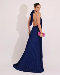 Vestidos de Festa Longo Chiffon Fluido Frente Única Plissado Duplo Azul Marinho
