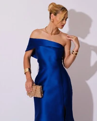 Vestido de Festa Zibeline com Faixa Ombro a Ombro Azul Royal