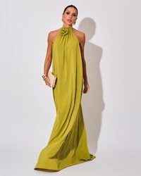 Vestido Longo Crepe Chiffon Frente Única Fluido Flor Removível Verde Lima