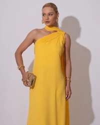 Vestido de Festa Longo Crepe Chiffon Um Ombro Só Drapeado Lenço Fixo Amarelo