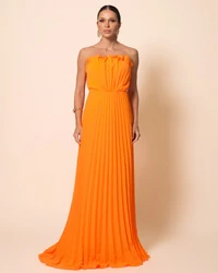 Vestido de Festa Longo Tomara que Caia Plissado Detalhe Laranja