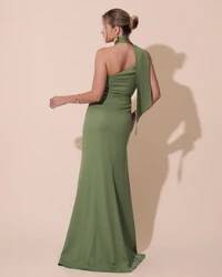 Vestido de Festa Longo Alfaiataria Um Ombro Só Detalhe Drapeado Verde Matcha
