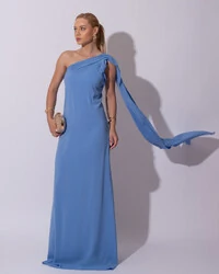 Vestido de Festa Longo Crepe Chiffon Um Ombro Só Drapeado Lenço Fixo Azul Atlantis
