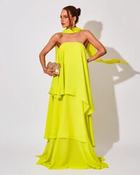 Vestido de Festa Longo Chiffon Crepe em Camadas com Lenço Verde Lima
