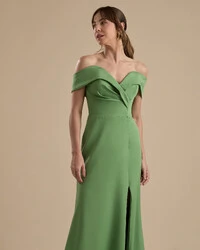 Vestido de Festa Longo Alfaiataria Ombro a Ombro com Fenda Verde Matcha