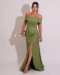 Vestido de Festa Longo Ombro a Ombro com Fenda em Alfaiataria Verde Matcha