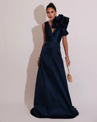 Vestido de Festa longo Zibeline Flor Azul Marinho