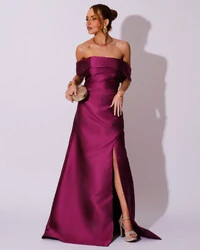 Vestido de Festa Longo Zibeline Ombro a Ombro Drapeado e Fenda Fúcsia