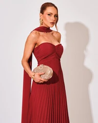 Vestido de Festa Longo Tomara que Caia Plissado com Lenço Marsala Escuro