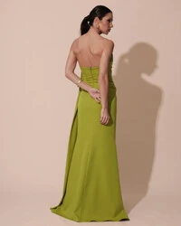 Vestido de Festa Longo Alfaiataria Tomara que Caia Drapeado Faixa Verde Pistache