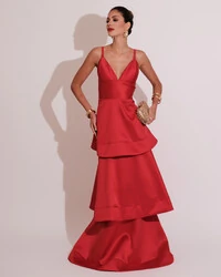 Vestido de Festa Longo Zibeline em Camadas Decote em V com Alças Vermelho