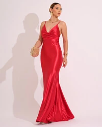 Vestido de Festa Longo Malha Cetim Busto Drapeado Saia Sereia Vermelho