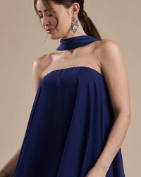 Vestido de Festa Longo Chiffon Crepe em Camadas com Lenço Azul Marinho