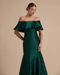 Vestido de Festa Longo Zibeline Ombro a Ombro com Babado Verde Escuro